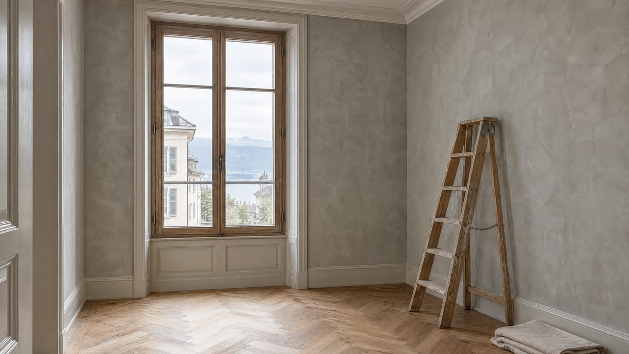 Heller Altbauraum während der Renovation mit rohem Verputz, hohem Holzfenster und Fischgratparkett